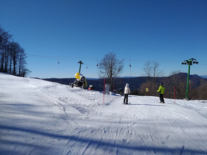 Gače in Slovenia - a group of people skiing down a snow covered slope.