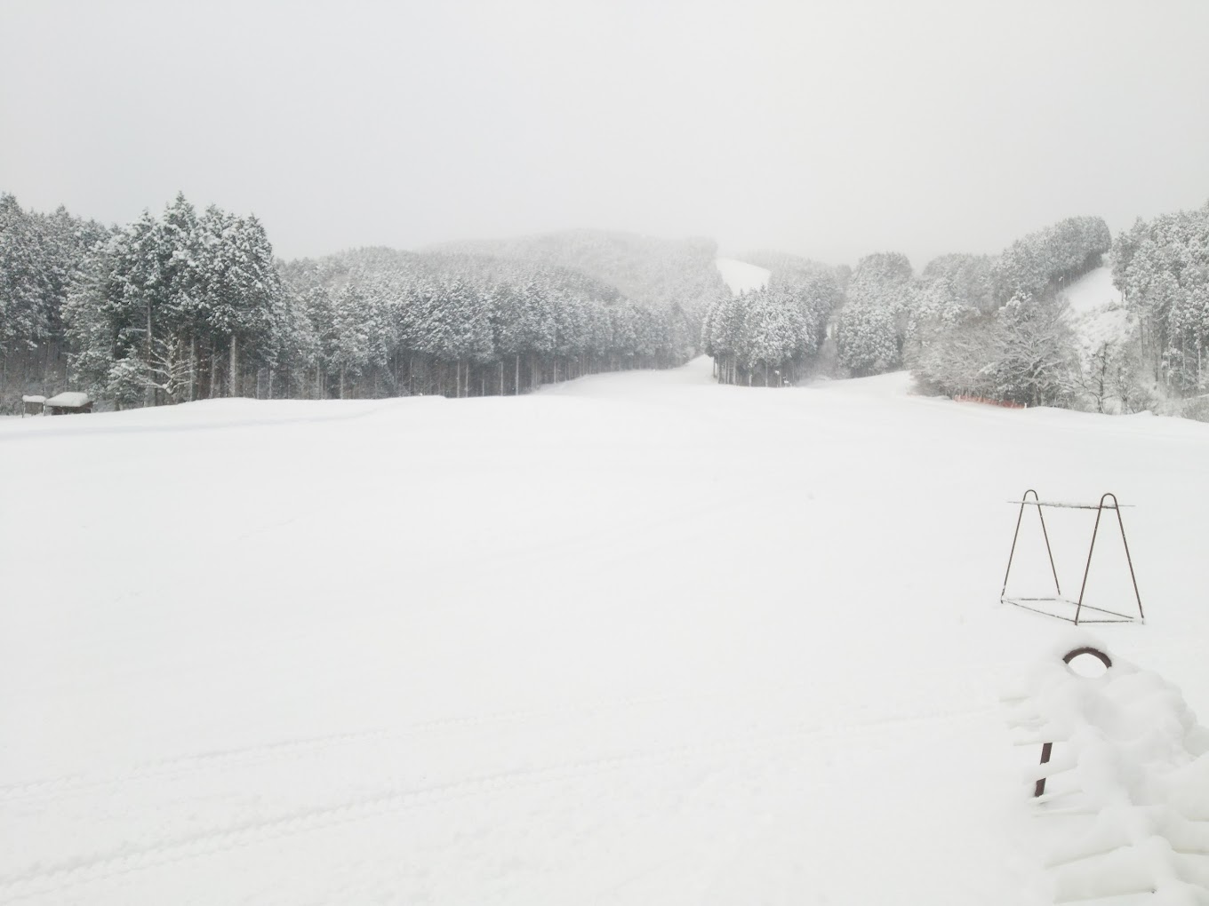 Kenmin-no-mori in Japan - a swing in the snow with trees in the background.