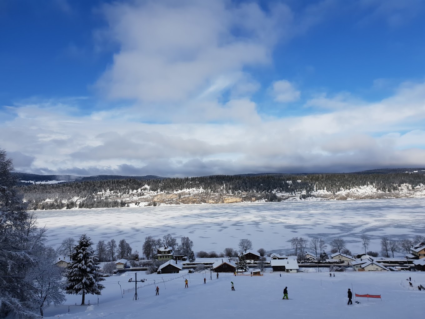 Lac de Joux in Switzerland - the view from the top of the mountain in winter.