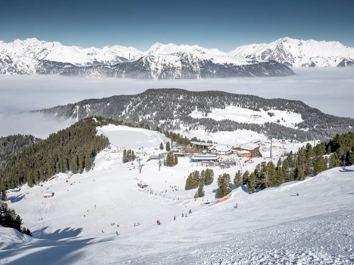 Hochoetz in Austria - the view from the top of a snowy mountain.