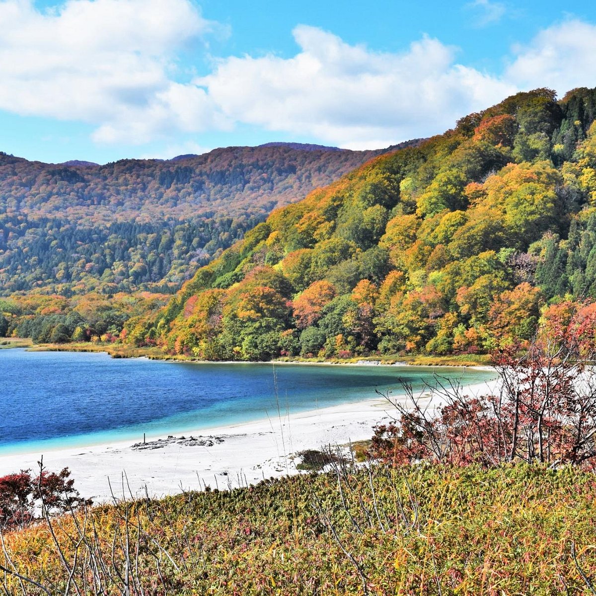 Kamafuseyama in Japan - a lake surrounded by trees in the fall.