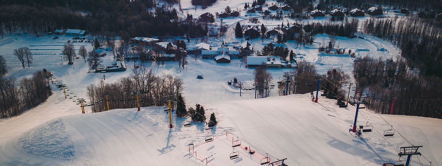 Shanty Creek Summit Mountain in USA: an aerial view of a ski resort in the mountains.
