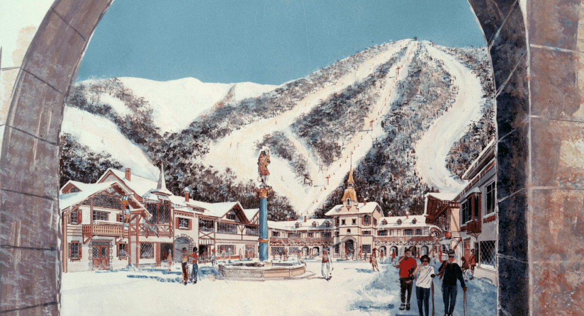 Winter sports scene at Shanty Creek Resorts – Summit Mountain, Michigan, featuring a chalet amidst stunning winter scenery at the ski resort.