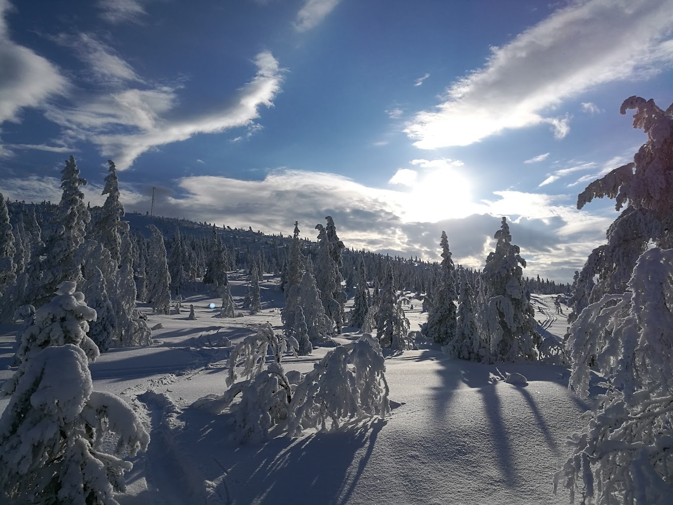 Näsfjället in Sweden - the sun shines through the clouds over a snowy landscape.