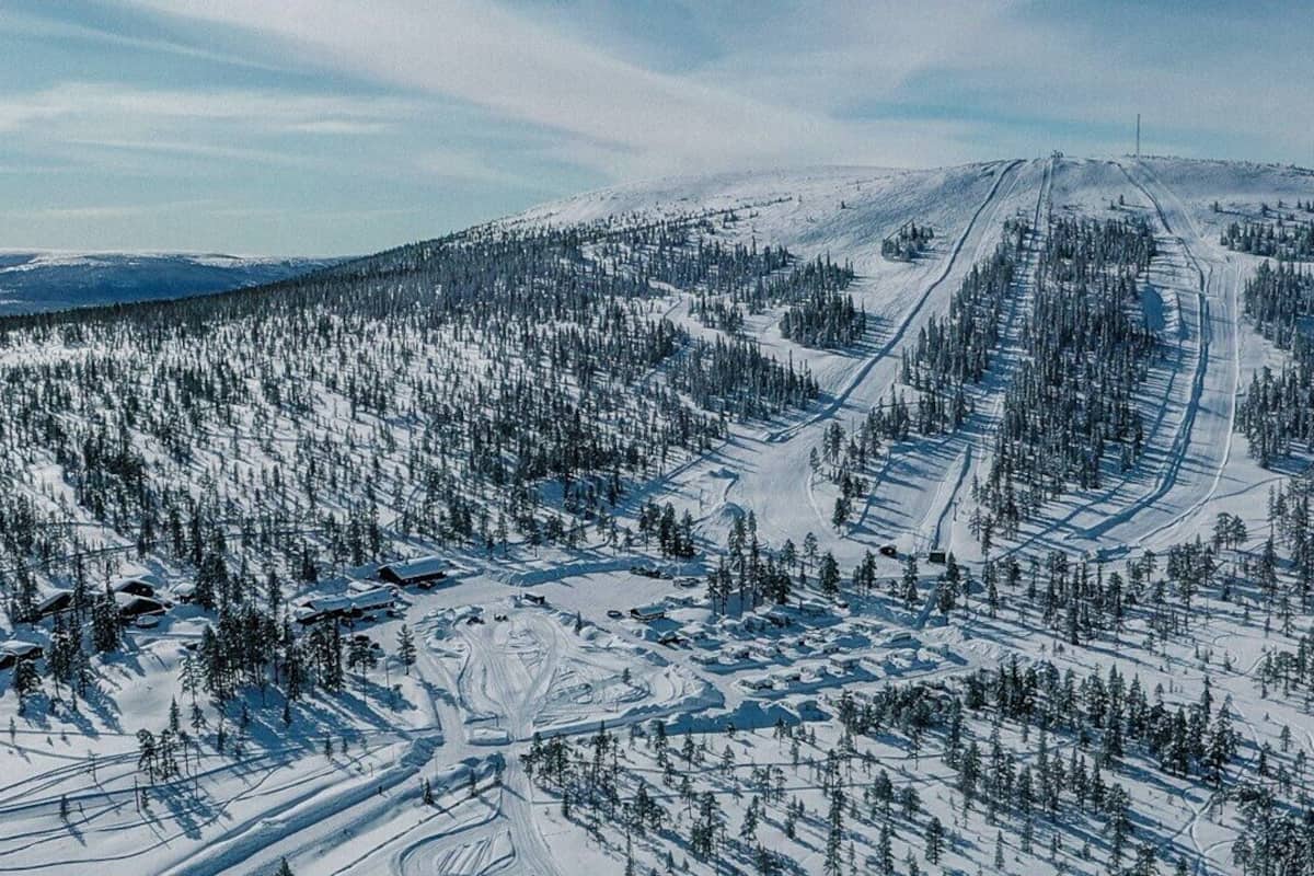 Näsfjället in Sweden: an aerial view of a ski resort in the mountains.