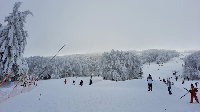 Laguiole in France - a group of people skiing down a snowy slope.