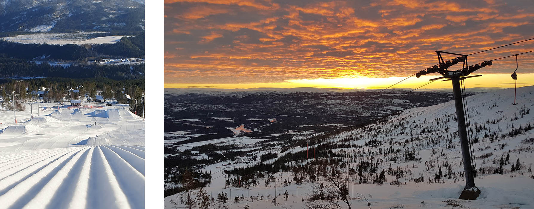 Grong in Norway - two pictures of a ski slope and a sunset.