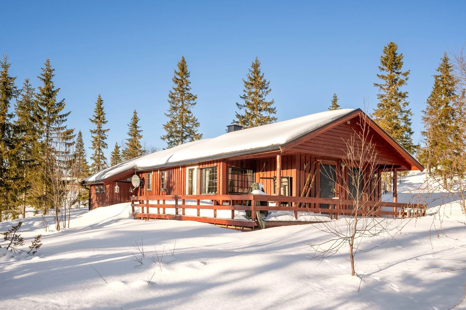 Fulufjellet in Norway - a cabin in the snow with trees in the background.