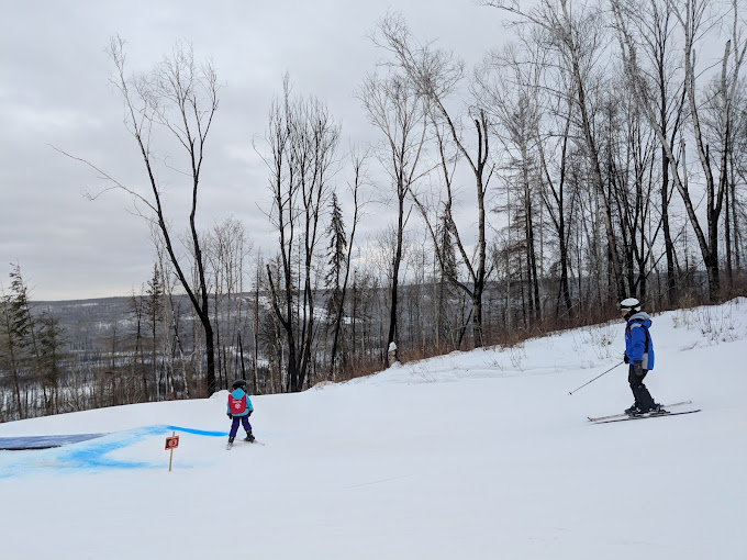 Vista Ridge in Canada - two people skiing down a hill in the snow.