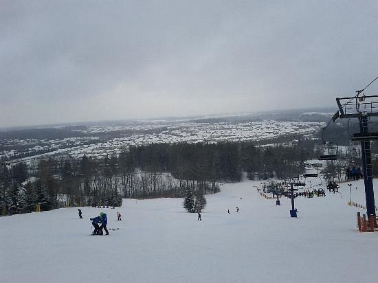 Winter sports scene at Chicopee ski resort in Southern Ontario, Canada, featuring a ski lift, a cozy chalet, and stunning snow-covered landscape.