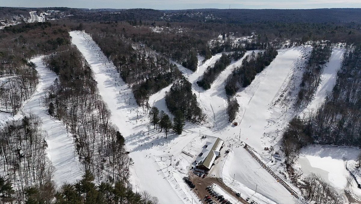 Holiday Mountain -NY in USA - an aerial view of a ski area in the winter.