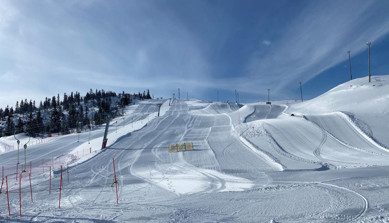 Valdres Alpinsenter in Norway - a snow covered ski slope with trees in the background.