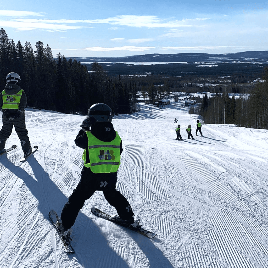 Nalovardo in Sweden - a group of people skiing down a hill.