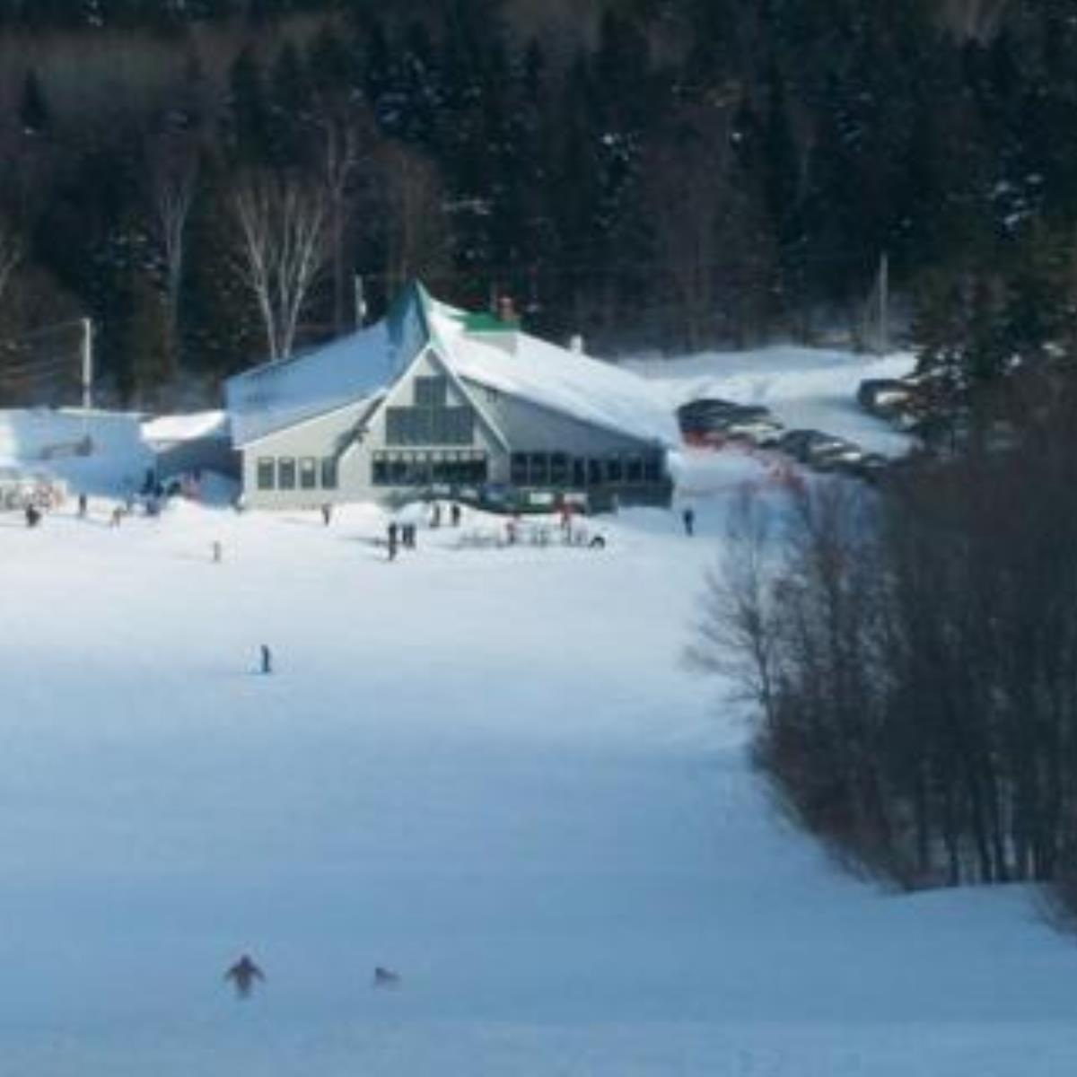 Mont Biencourt in Canada - a group of people skiing down a hill.