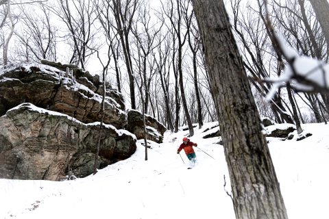 Tyrol Basin – Mt Horeb in USA - a person skiing down a hill in the woods.