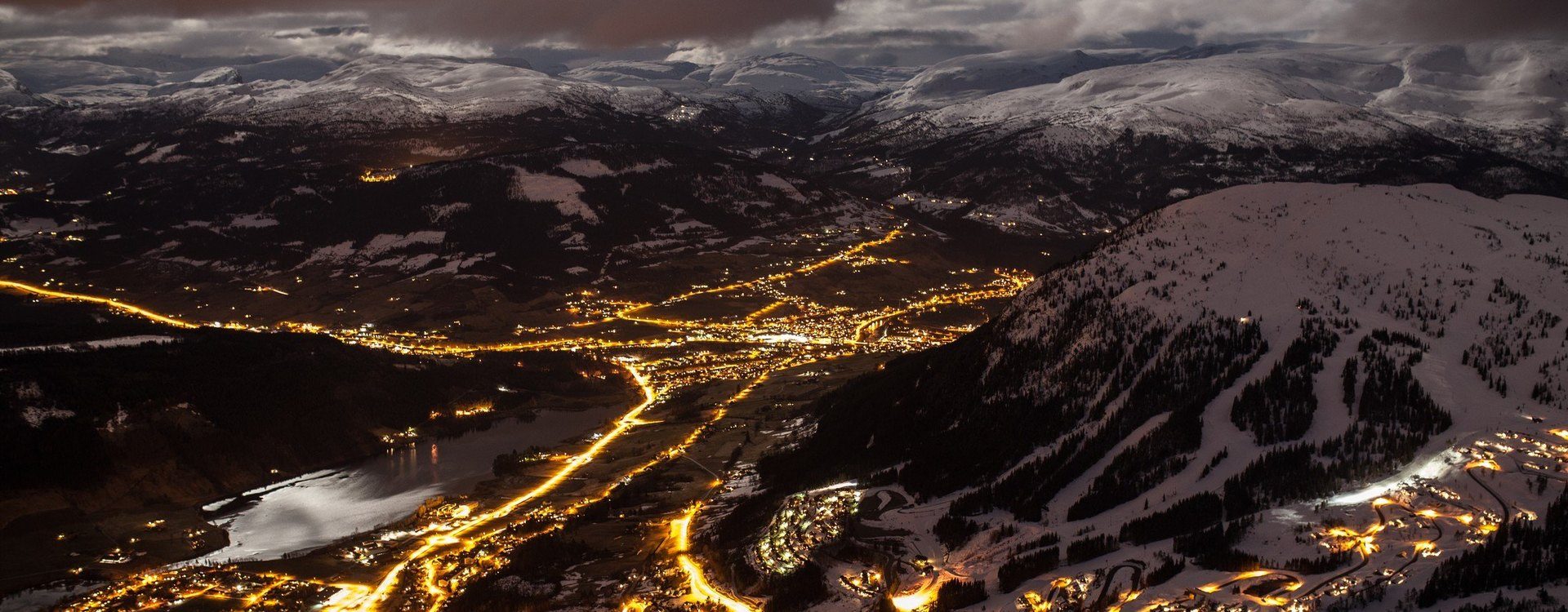 Voss Resort in Norway - a view from the top of a mountain at night.
