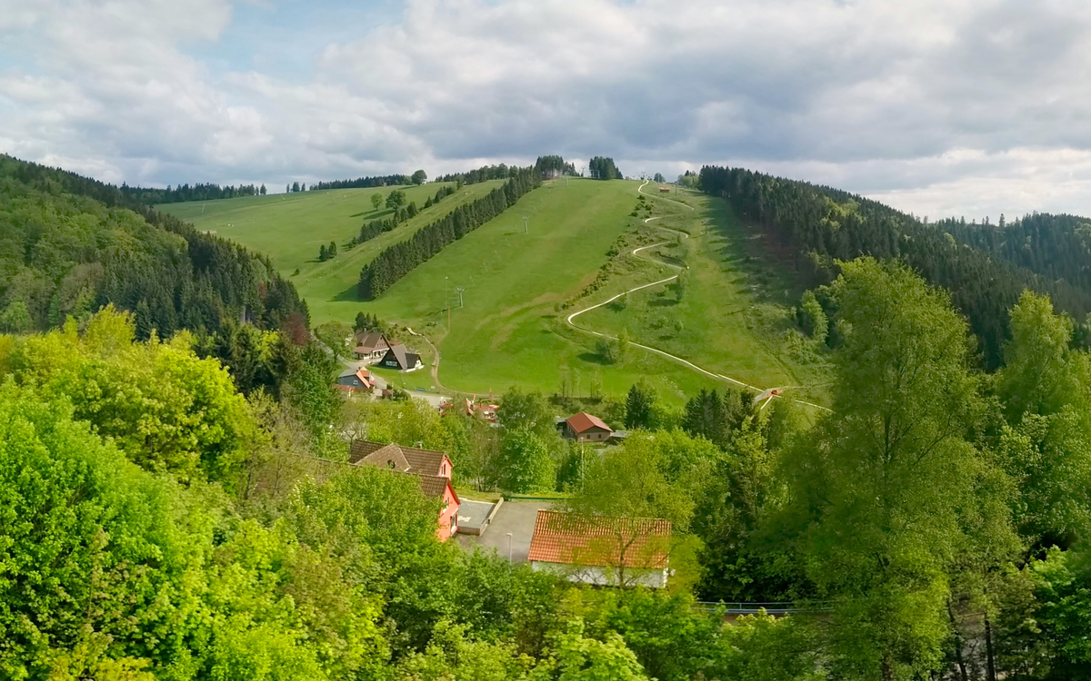 Matthias-Schmidt-Berg – St Andreasberg in Germany - a view of a green hillside with trees and houses.