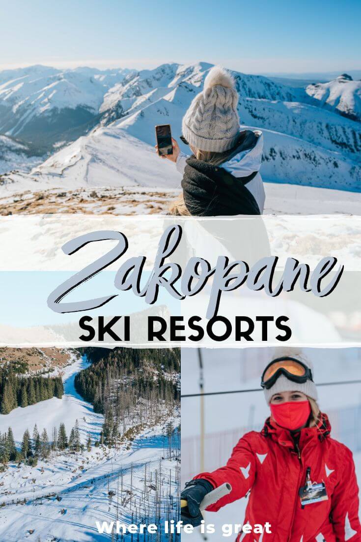 Witów in Poland - two people skiing in the mountains with text overlay.