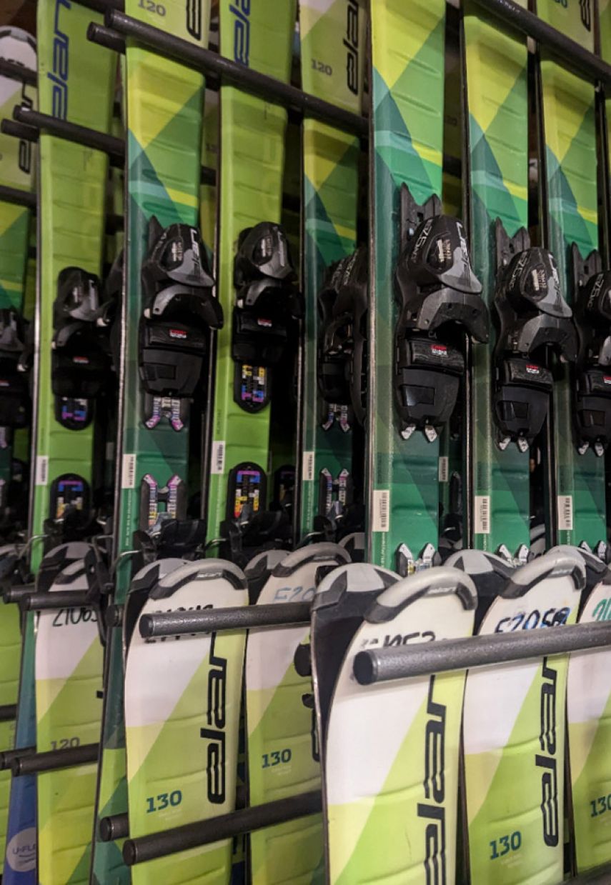 Wild Mountain in USA - a row of skis lined up on a rack.
