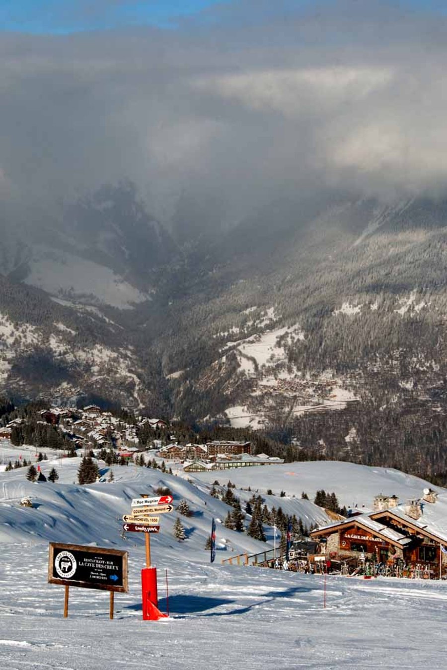 Les Angles in France - snow covered mountains in the background.