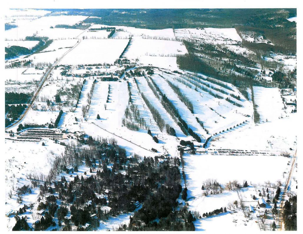 Mansfield Ski Club in Canada - an aerial view of a farm in the snow.