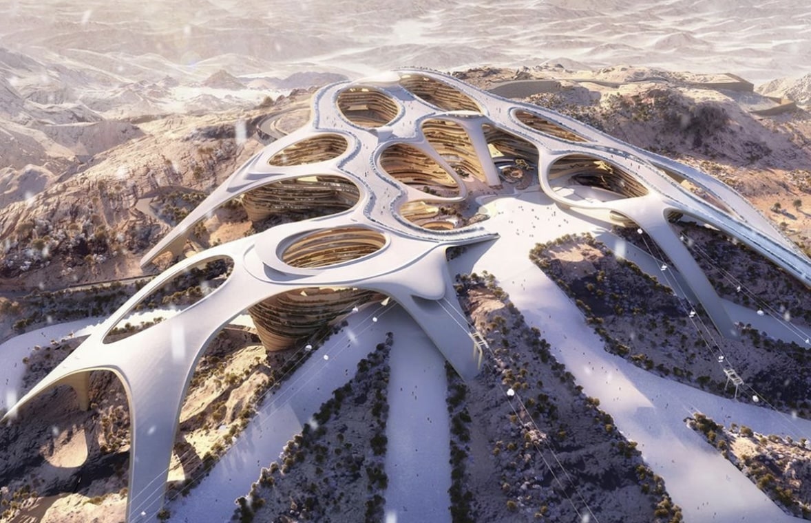 Trojena – Neom in Saudi Arabia: a futuristic building on top of a mountain.
