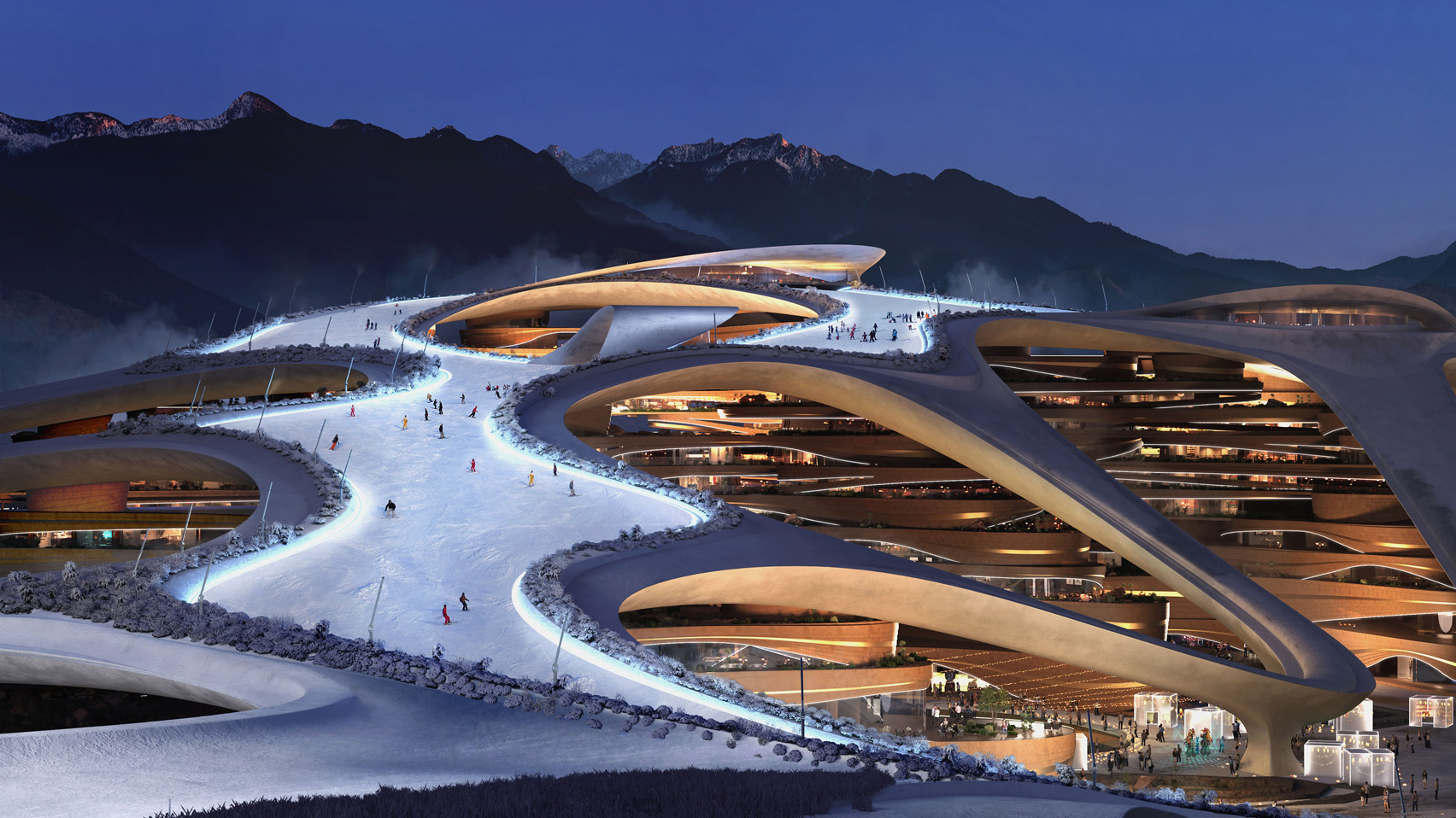 Trojena – Neom in Saudi Arabia: an image of a ski resort at night.