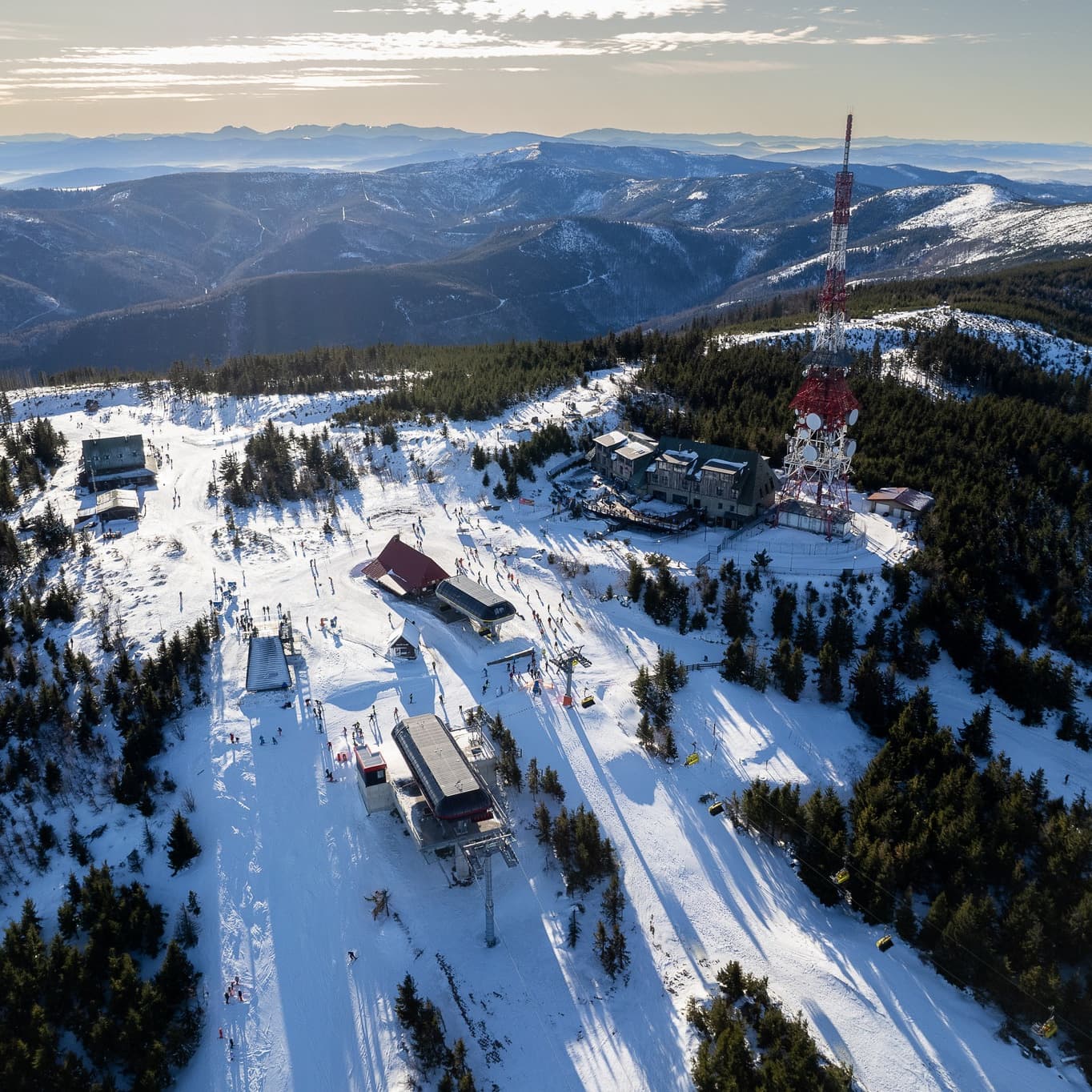 Małe Skrzyczne in Poland: an aerial view of a ski resort in the mountains.