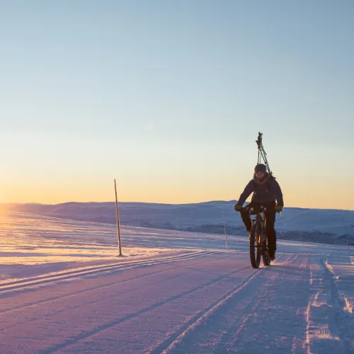A skier and snowboarder enjoy the pristine winter sports scene in Geilo, Hallingdal, Buskerud, Norway, with stunning snow-covered landscapes and a charming chalet in the background.