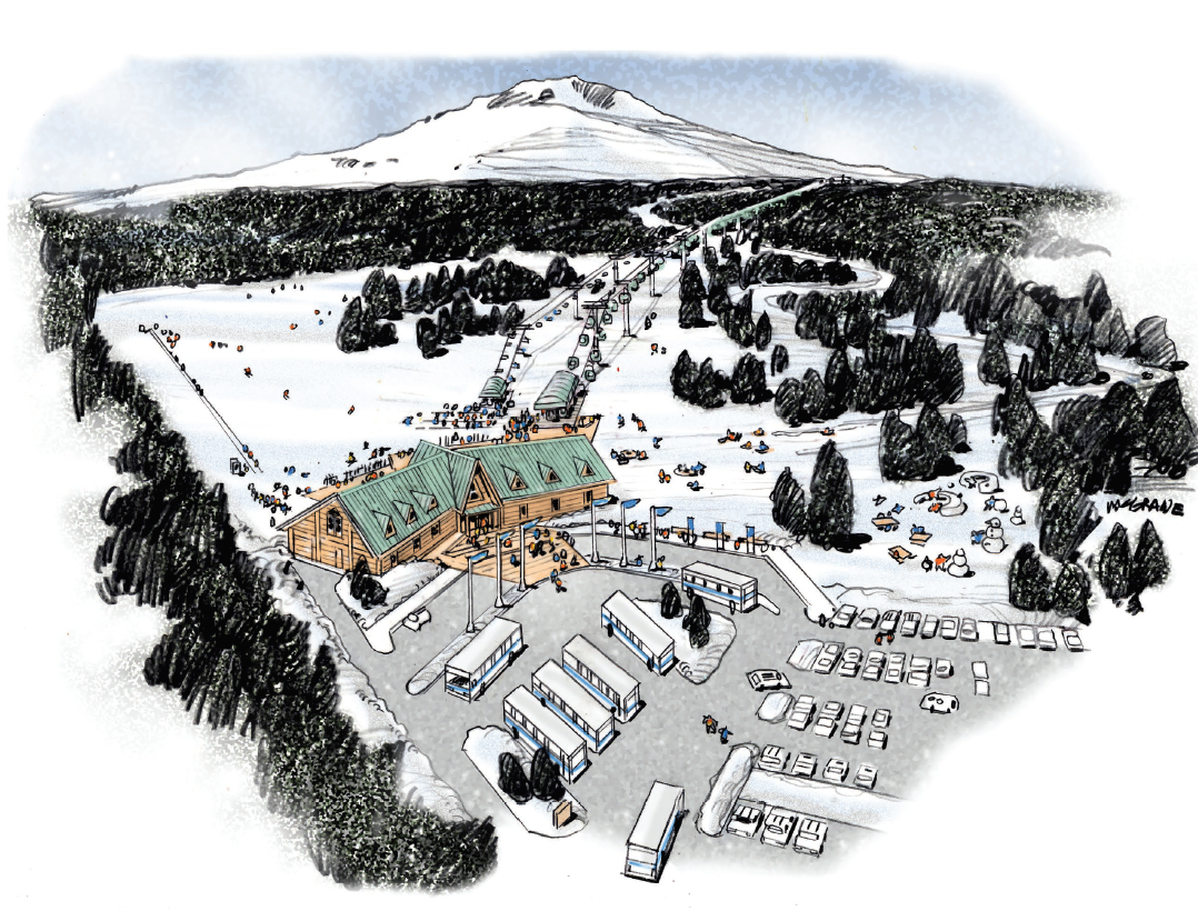 Timberline Summit Pass in USA: a drawing of a ski resort in the mountains.