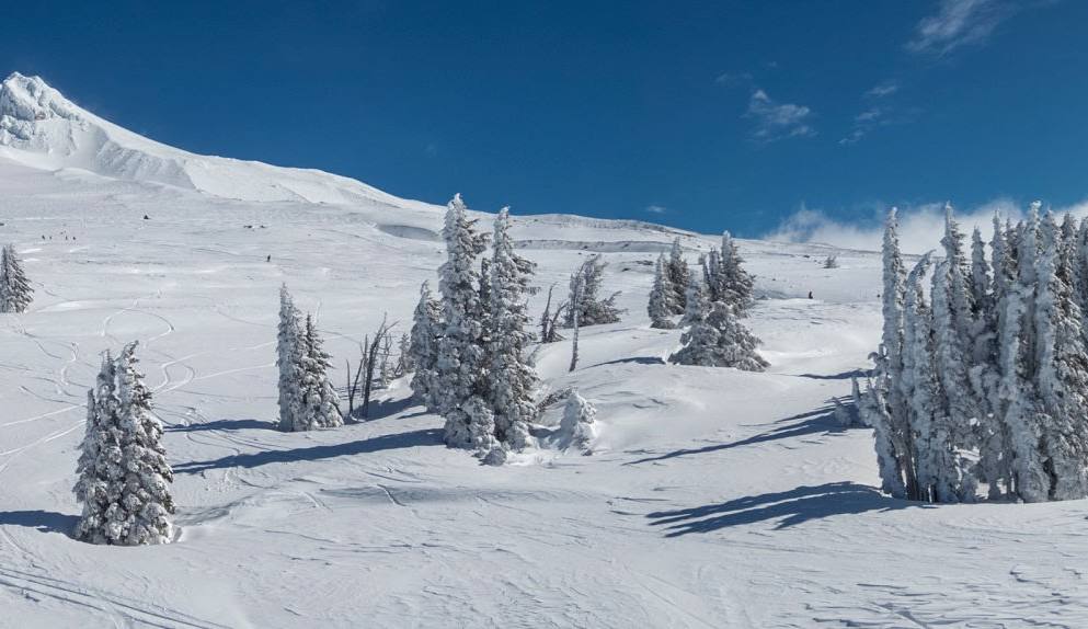 A snowy scene at Oregon's Timberline Summit Pass ski resort, featuring ski slopes, winter sports activities with a skier in action, and a ski lift in the background.
