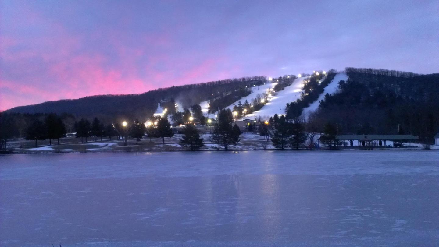 Tussey Mountain in USA: a view of a ski resort at dusk.