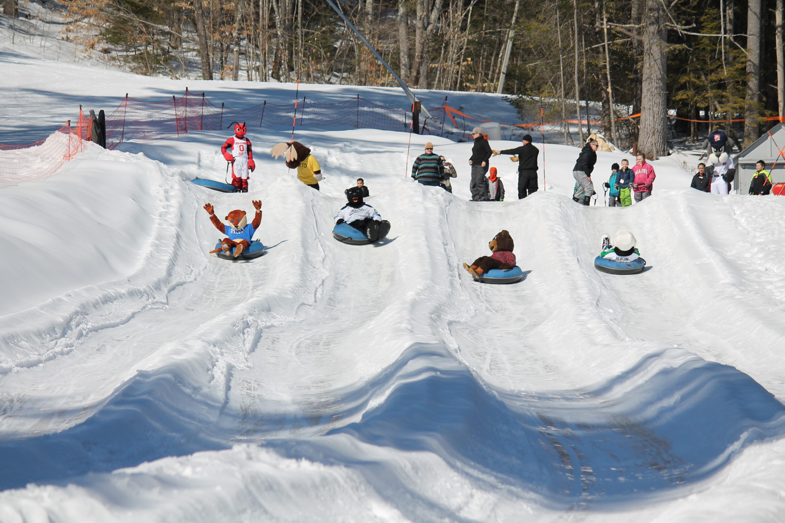 Winter sports enthusiasts enjoy a day of skiing and snowmobiling at the picturesque Lost Valley in Maine, surrounded by a snowy landscape and a vibrant ski resort.