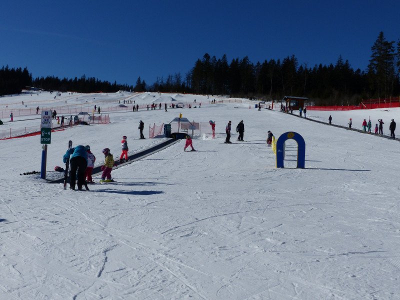 Arber in Germany - a group of people skiing down a snowy slope.