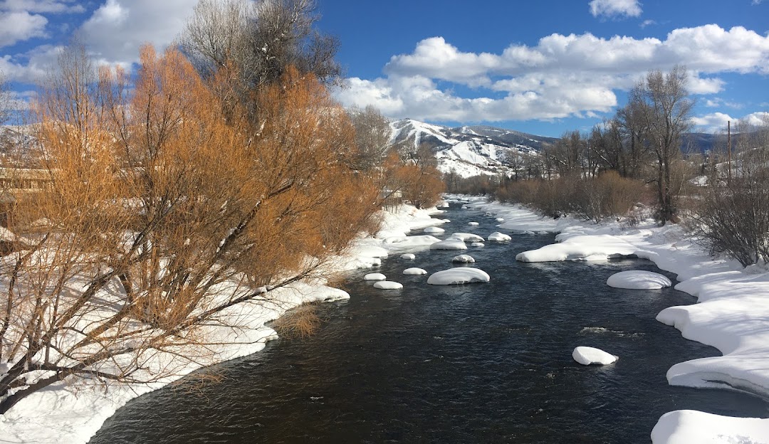 Winter scenery at Howelsen Hill, Steamboat Springs, Colorado, with a bustling winter sports scene, a quaint chalet in the background, nestled against the backdrop of a towering mountain.