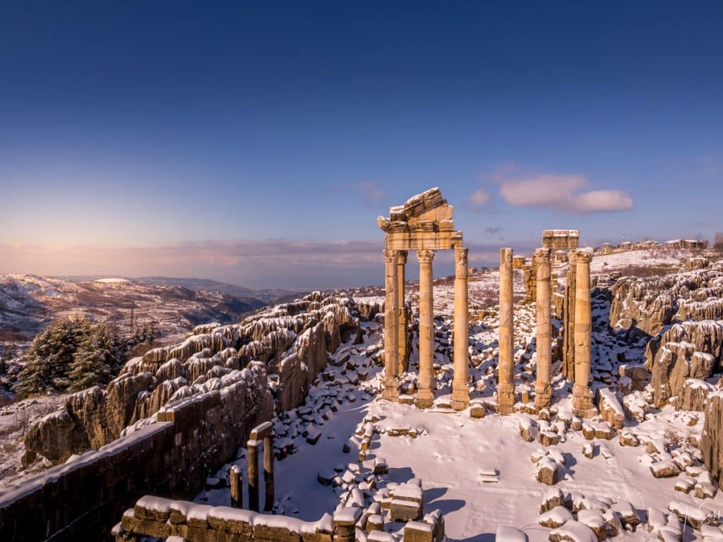 Faqra in Lebanon - the ruins of the ancient city of jes in winter.