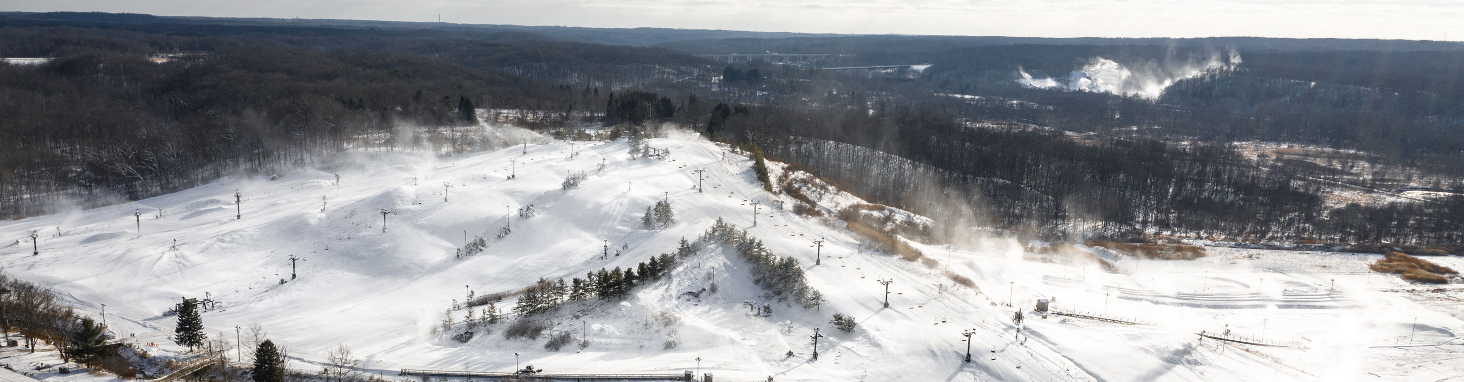 Boston Mills in USA - an aerial view of a ski slope in the mountains.