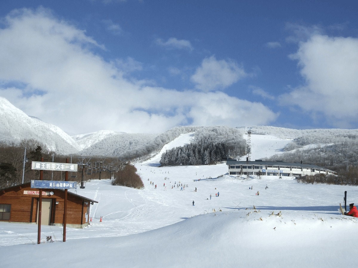Taranokidai in Japan - a group of people skiing down a snowy slope.