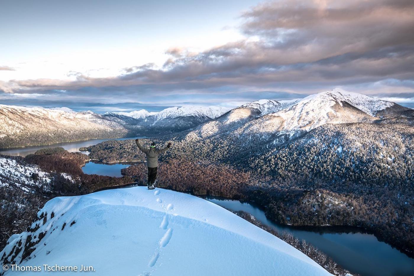 Lago Hermoso in Argentina - a view from the top of a snowy mountain.