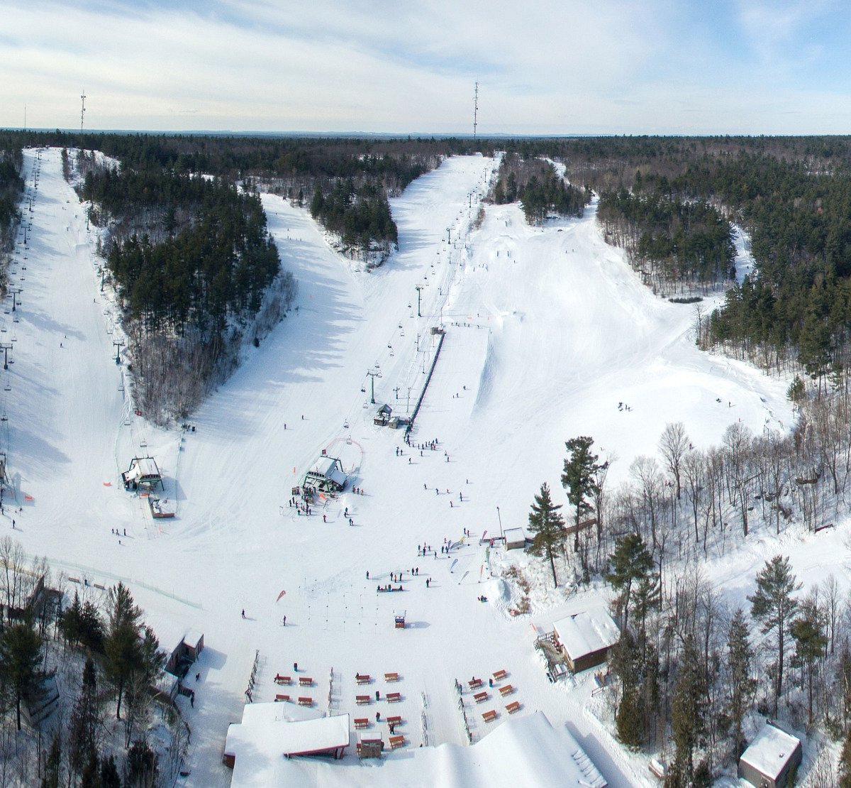 Mount Pakenham in Canada - an aerial view of a ski slope in the woods.