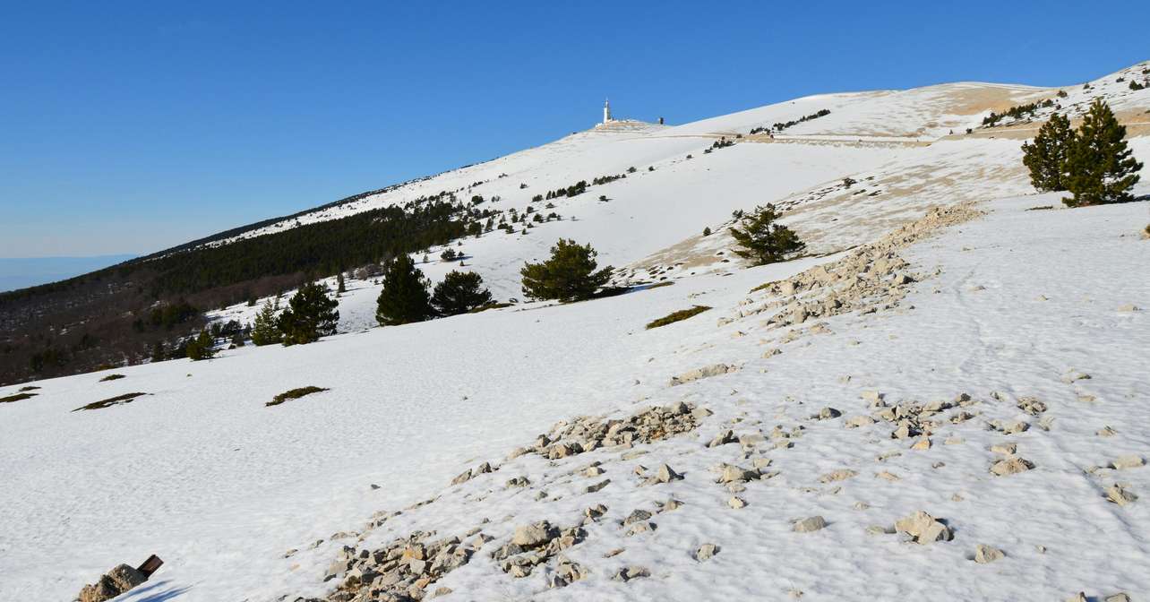 Mont Ventoux Sud in France - snow on the summit of the mountain.