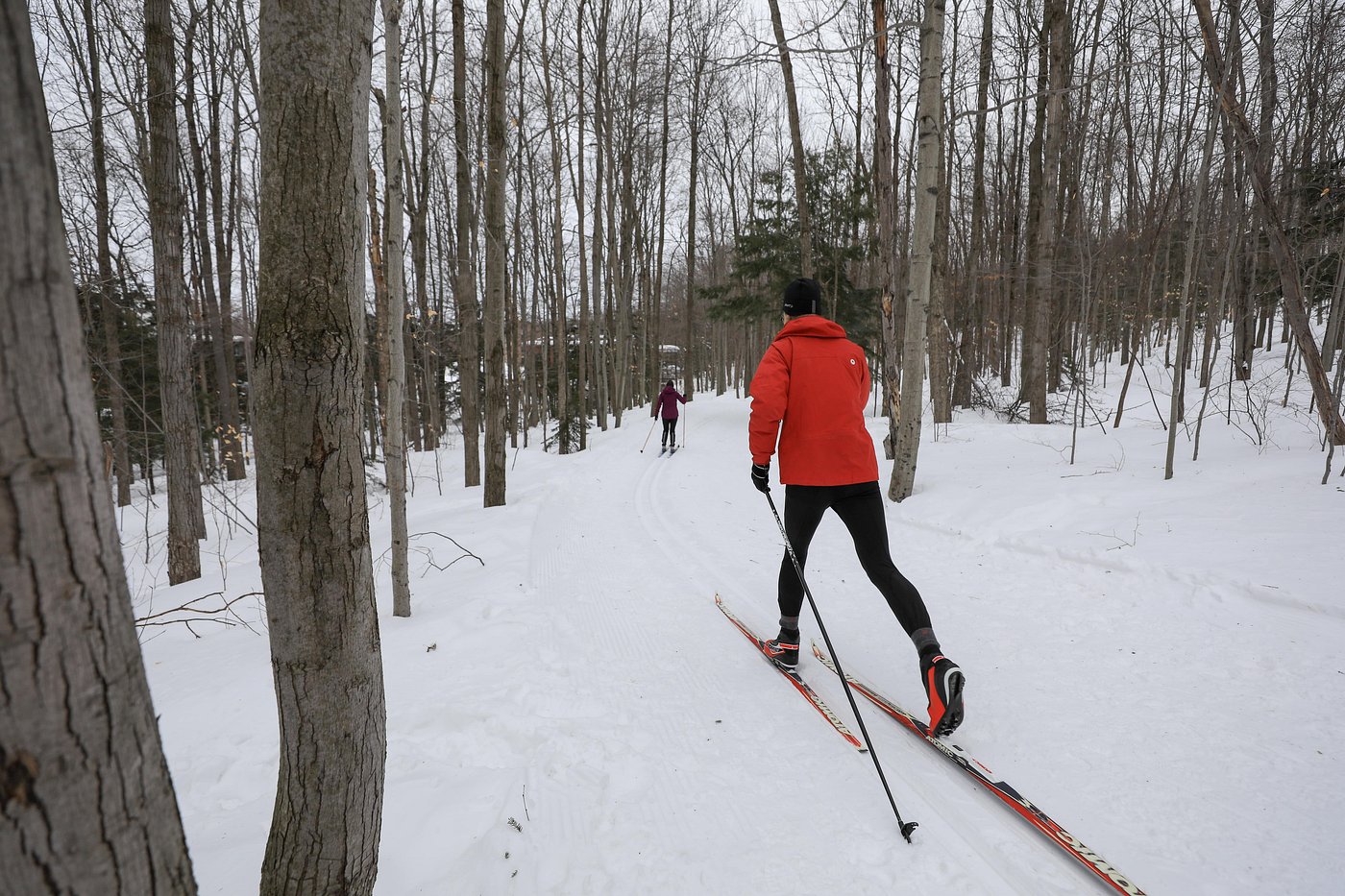 Winter sports scene at Mont Bellevue in Estrie, Quebec showing a skier gliding down the snow-capped mountain. Nearby, families and groups enjoy the frosty atmosphere at the sports centre.