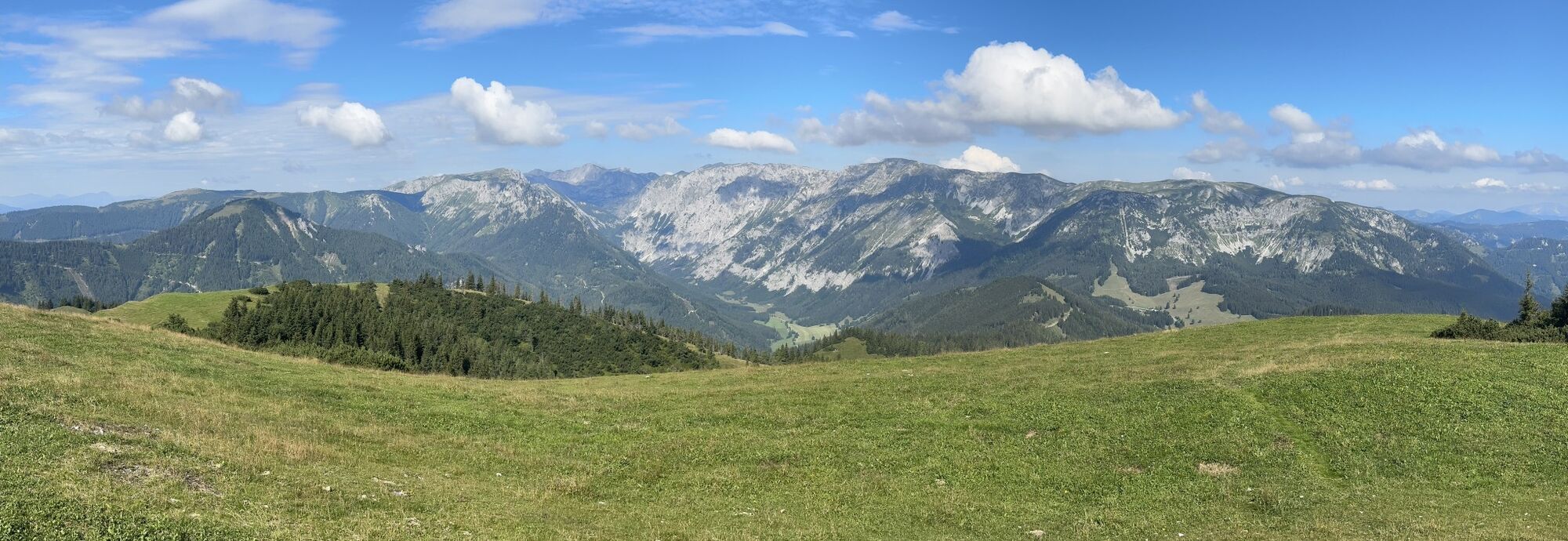 Seeberg – Seewiesen in Austria - a grassy hill with mountains in the background.