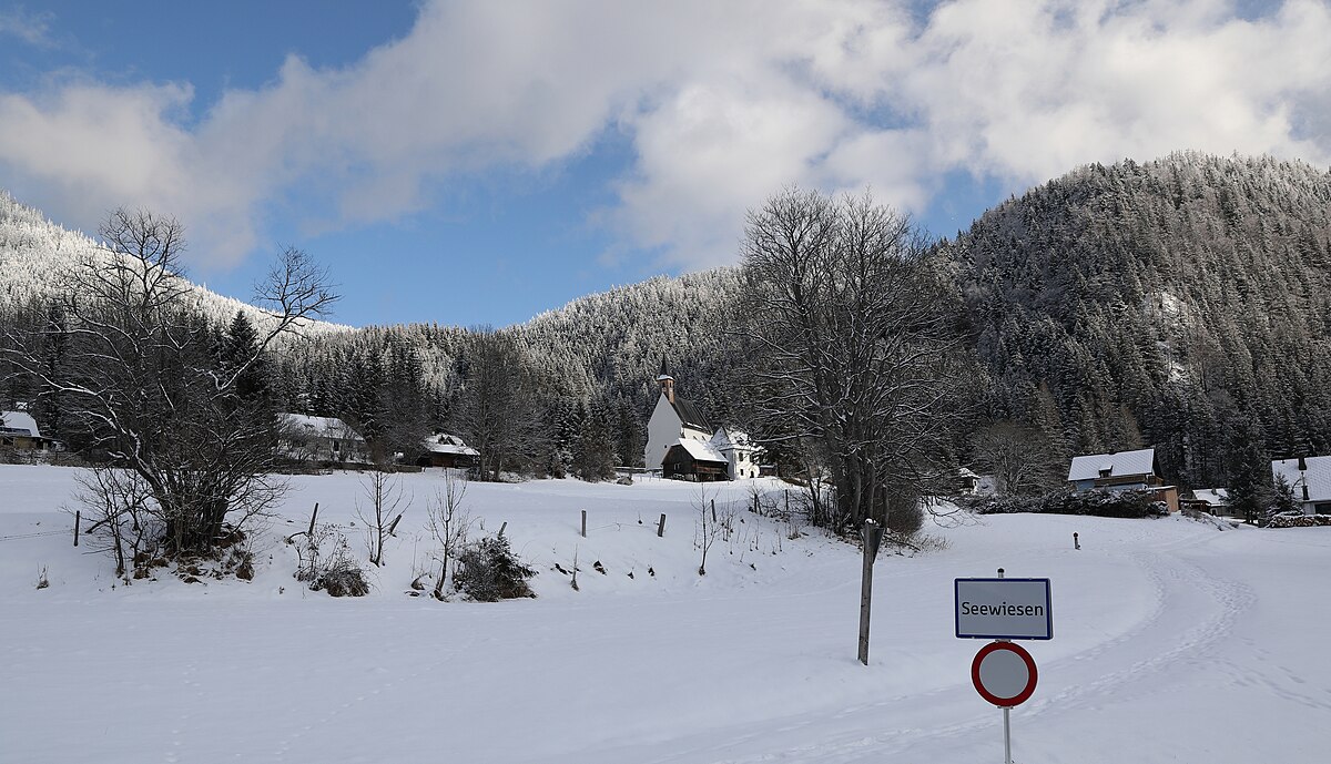 Seeberg – Seewiesen in Austria - a sign in the snow in front of a mountain.