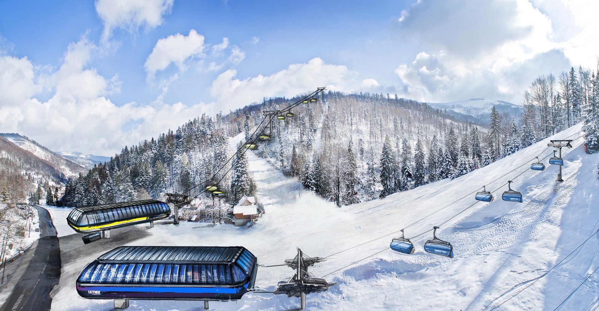 Suche in Poland - a ski lift going down a snowy mountain.