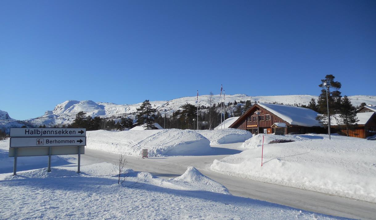 Hallbjønn in Norway - a sign in front of a snow covered mountain.