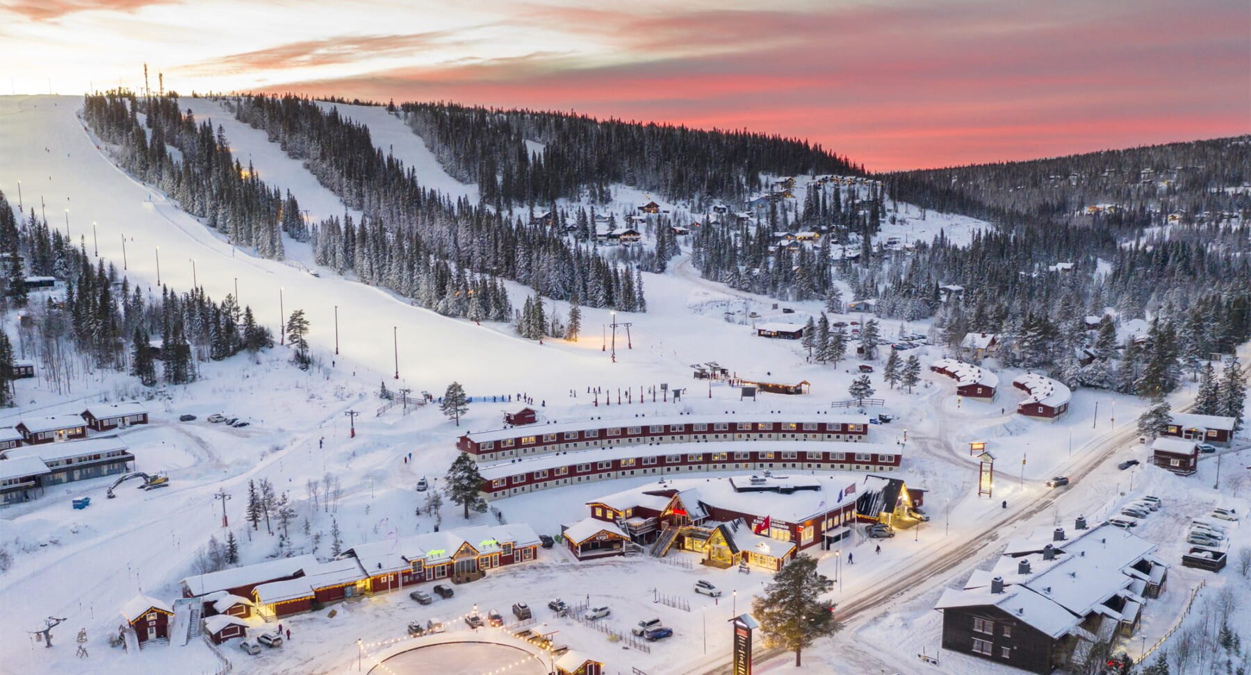 Lindvallen | ​Högfjället in Sweden: a ski resort in the mountains at sunset.