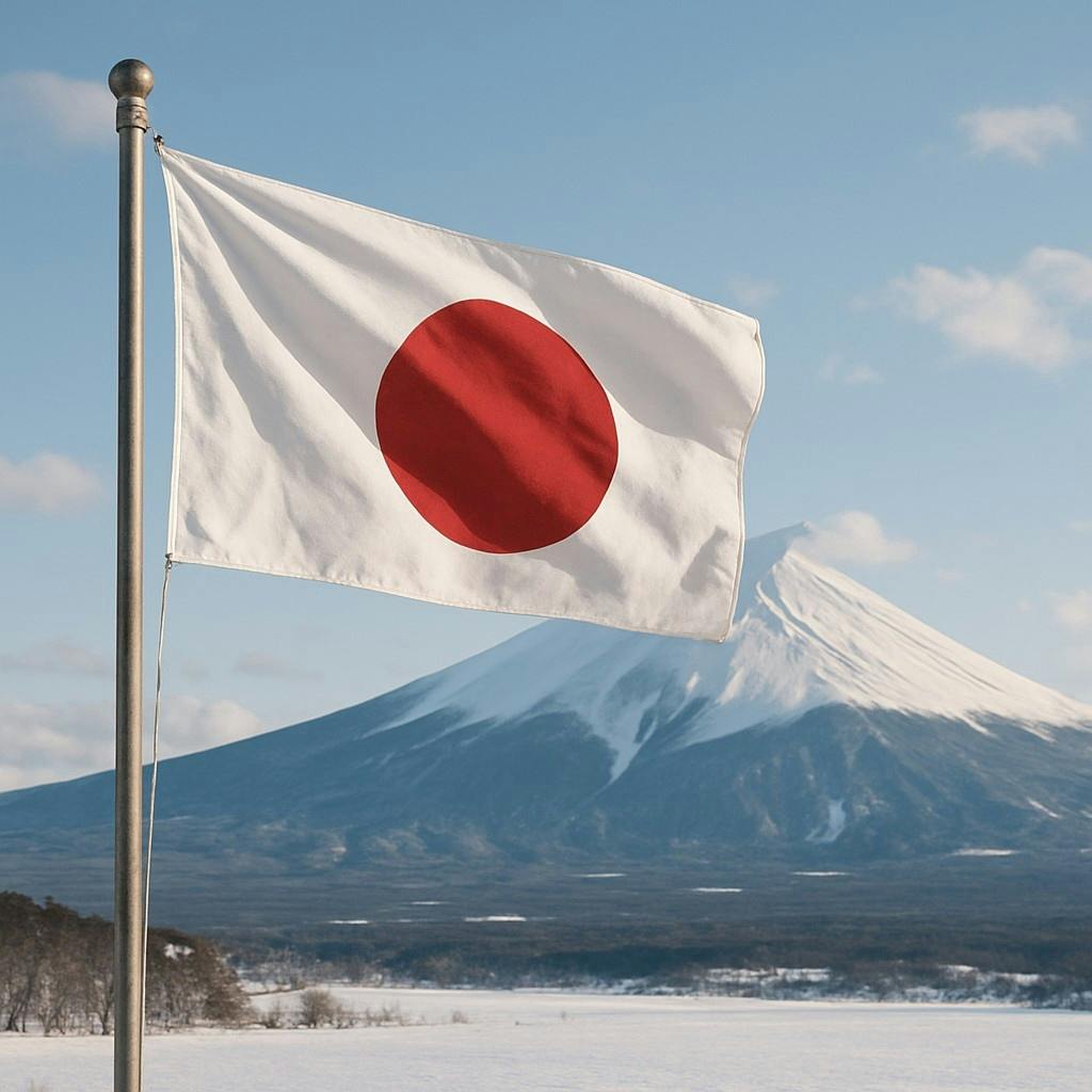 Nishikawa Chomin in Japan - a japanese flag flying in front of a mountain.