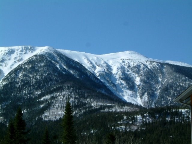 Haute Gaspésie in Canada - the mountains are covered in snow and trees.