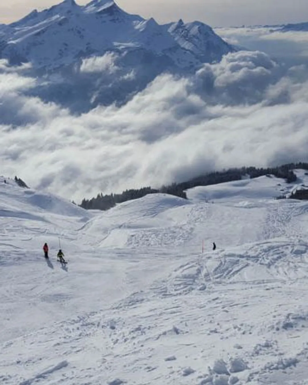 Meiringen Hasliberg in Switzerland - a group of people skiing down a mountain.